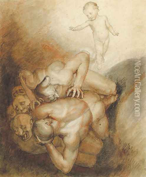 'Evil spirits cast out' An illustration to Emmanuel Swedenborg's Arcania Coelestia, no. 1272. Oil Painting - John Flaxman