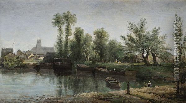 Barques Devant Moret-sur-loing Oil Painting - Hippolyte Girard