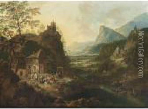A Rhenish Mountainous River 
Landscape With Horsemen And Travellers Near An Inn, Fishing Boats On The
 River, And A Castle On A Hill Top And Other Castles And Villages Beyond Oil Painting - Jan Griffier I