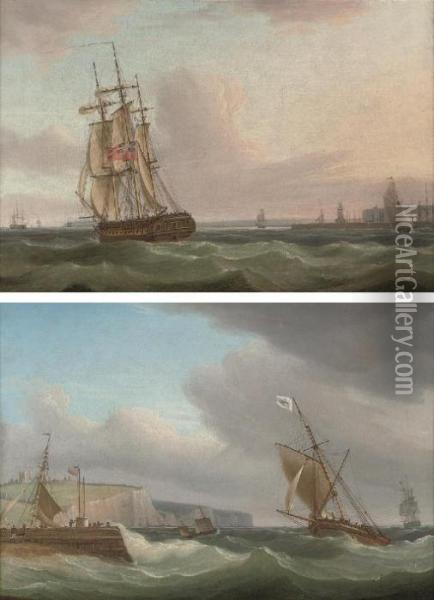 A Royal Navy Frigate Running 
Down The Channel With Ramsgate Off To Starboard; And The Postal Packet 
Off Dover (both Illustrated) Oil Painting - Thomas Whitcombe