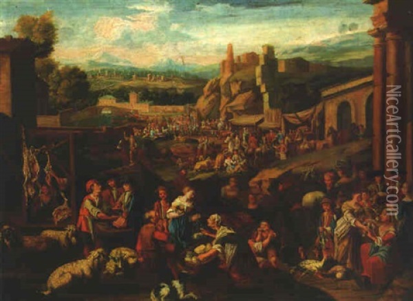 A Market In An Extensive Italianate Landscape Oil Painting - Antoon Goubau