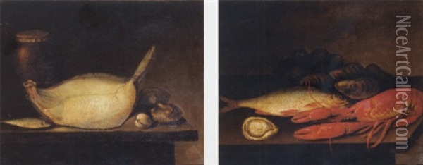 A Turbot, A Sardine, Oysters, Mussels And A Stone Ware Jug On A Stone Ledge Oil Painting - Jacob Samuel Beck
