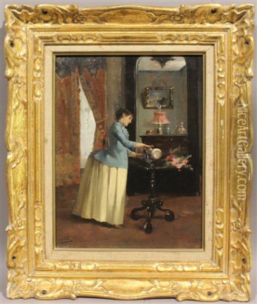 Jeune Femme Vetue D'une Robe A Tournure, Dans Son Interieur Oil Painting - Fernand Paillet
