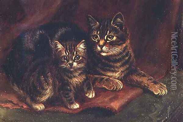 A Tabby Cat with a Kitten Oil Painting - Wilson Hepple