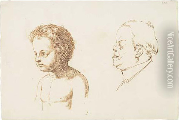 Studies Of A Young Boy And A Middle-aged Man In Profile To Theleft Oil Painting - Giuseppe Sabatelli