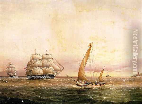 Two American Naval Vessels Entering Harbor Oil Painting - James E. Buttersworth
