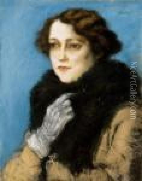 Lady In White Gloves With White Fur Collar (the Portrait Of Terka Linzer) Oil Painting - Jozsef Rippl-Ronai