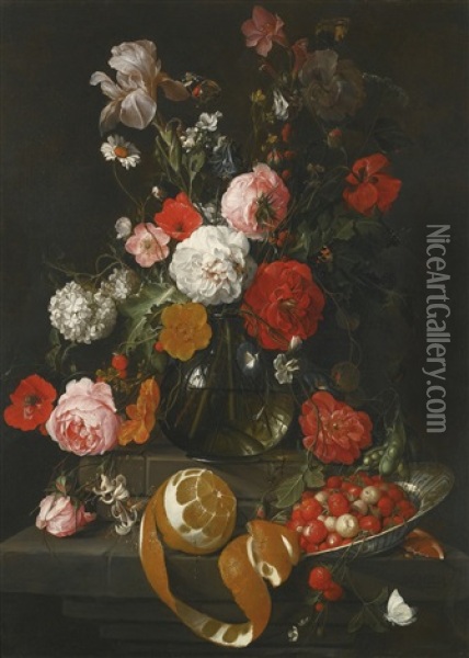 A Still Life Of Roses, Poppies, Lillies And Other Flowers In A Glass Vase On A Marble Shelf Oil Painting - Cornelis De Heem