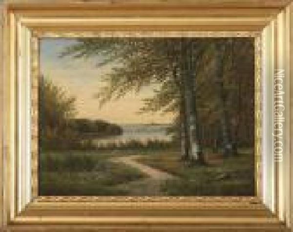 A Lake Side View. Signed C.f. Aagaard. Indistinctly Dated Oil Painting - Carl Frederick Aagaard