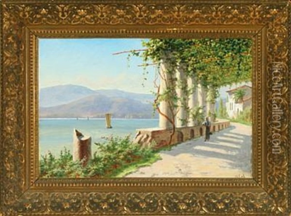 Italian Landscape With A Woman Walking In Pergola Oil Painting - Harald Peter William Schumacher