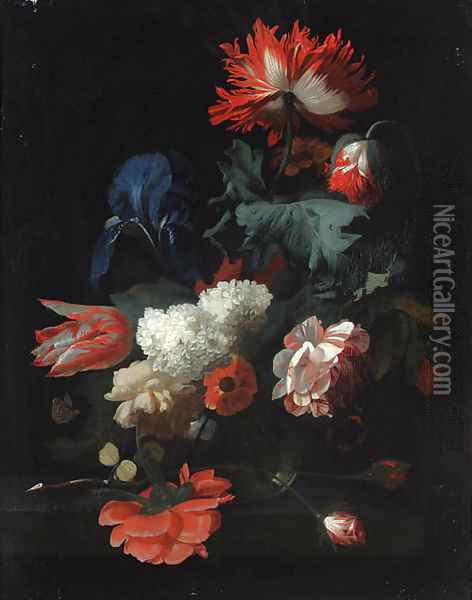 Tulips, poppies, lilac, an iris and other flowers in a vase, with two butterflies, on a stone ledge Oil Painting - Simon Pietersz. Verelst