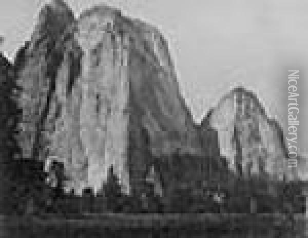 Cathedral Rocks And Spires, 2678 Feet, Yosemite, Cal. Oil Painting - Carleton E. Watkins