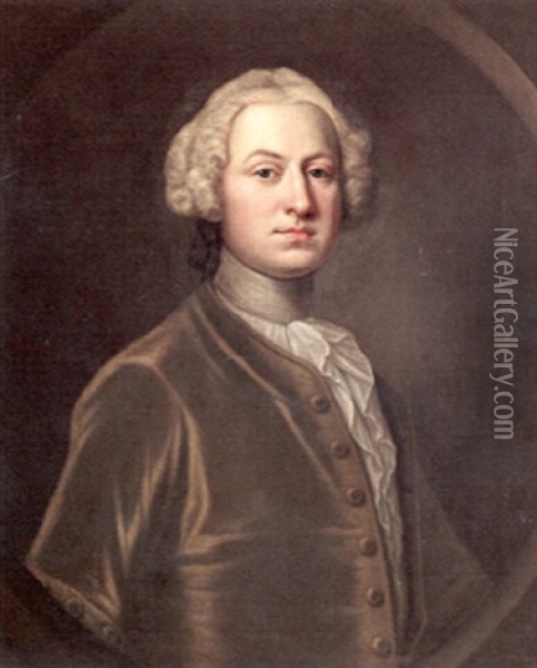 A Portrait Of A Young Gentleman In An Olive Coat Oil Painting - Thomas Hudson