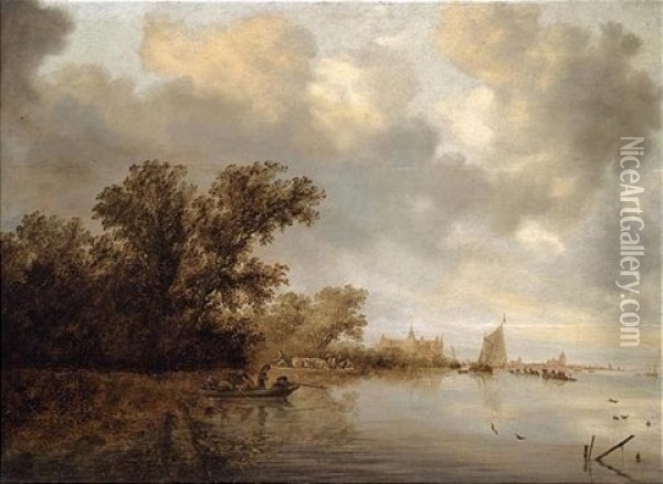 A River Landscape With A Ferryboat And Fishing-boat With A Man Shooting Ducks, A Town Beyond Oil Painting - Salomon van Ruysdael