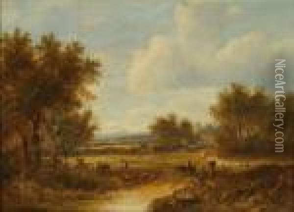 Summerlandscape With Field 
Workers And Sheep By A Meandering River, Oilon Canvas, Signed Lower 
Right, 26cms X 35.5cms. Seeillustration Oil Painting - Joseph Thors