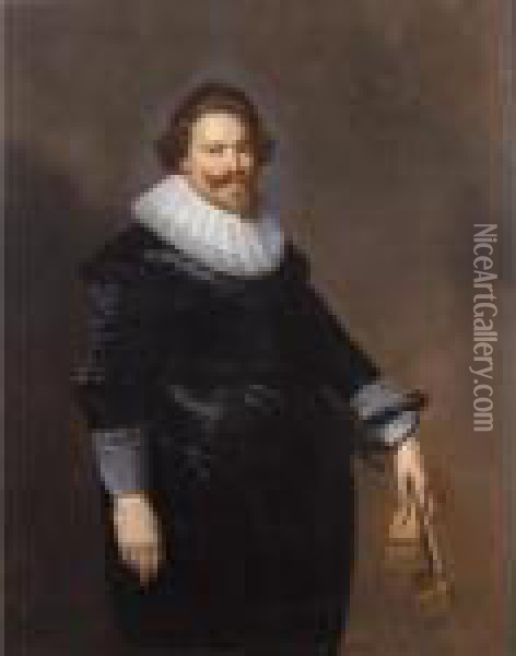 A Portrait Of Ernst Van Reede 
(died 1640), Lord Of De Vuursche And Drakestein, Standing Three-quarter 
Length, Wearing A Black Suit, With White Lace Collar And Cuffs, Holding 
Gloves And A Sabel;
 A Portrait Of His Wife, Elisabeth Van Utenhove (died  Oil Painting - Paulus Moreelse