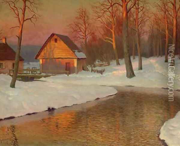 Winter Landscape with Cottage Oil Painting - Mikhail Markianovich Germanshev