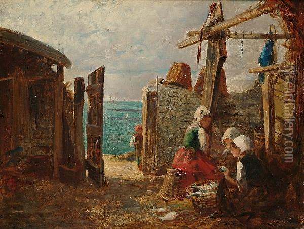 Fishergirls Sorting The Day````s
 Catch, The Coast Beyond, Thought To Be A View In Guernsey Oil Painting - William Lionel Wyllie