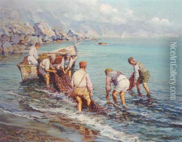 Fishermen Unloading Their Catch Oil Painting - Fausto Giusto