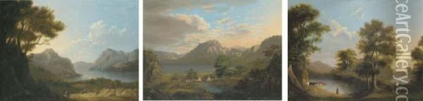 An Extensive Highland Landscape 
With Figures On A Path In The Foreground; An Extensive Highland 
Landscape With Cottages In The Foreground; And Cattle Watering In A 
Highland Landscape Oil Painting - Alexander Nasmyth