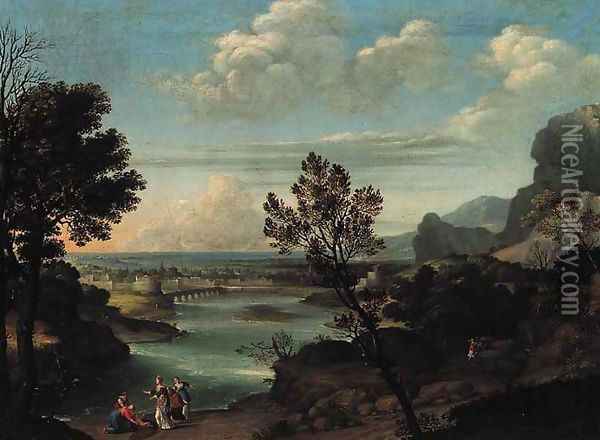 An extensive river landscape with the Finding of Moses Oil Painting - Pietro Paolo Bonzi
