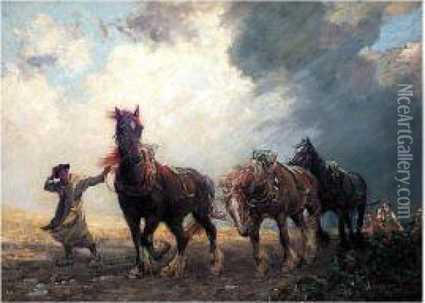 The Thunder Cloud, Ploughing On The Sussex Downs Oil Painting - Nathaniel Hughes John Baird