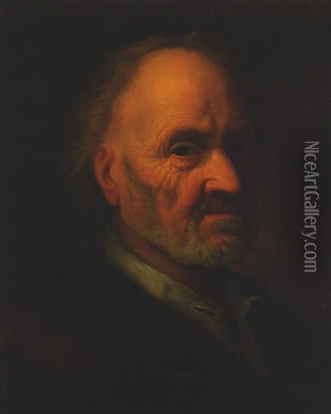 Portrait Of An Old Man In A White Shirt With A Fur-trimmed Jacket Oil Painting - Balthazar Denner
