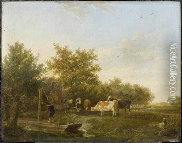 Cows Drinking From
A Trough Oil Painting - Janbaptist Ii Kobell