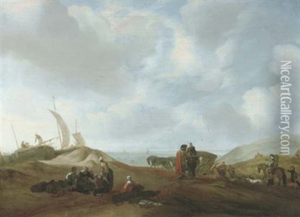 A Dune Landscape With Fisherfolk Resting, Travellers With A Horse And A Carriage And Elegant Figures Beyond Oil Painting - Jacob Esselens
