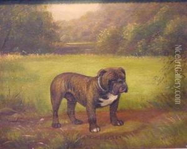'ospringe Bugler' In A Landscape (bulldog) Oil Painting - Henry Crowther