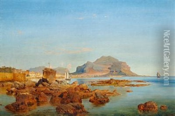 View Of The Bay Of Palermo With Monte Pellegrino And Palermo Oil Painting - Ludwig Heinrich Theodor (Louis) Gurlitt