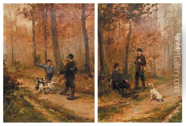 Scenes De Chasse (2 Works) Oil Painting - Emile-Louis Minet