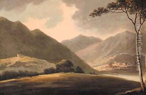 A mountainous lake landscape with a church beyond Oil Painting - English School