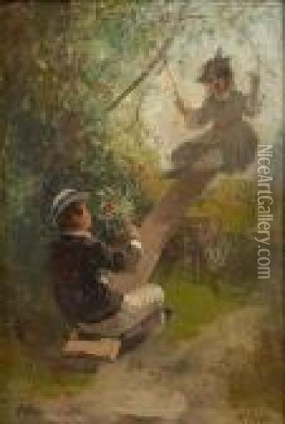 Children On A Seesaw Oil Painting - Thomas Hill
