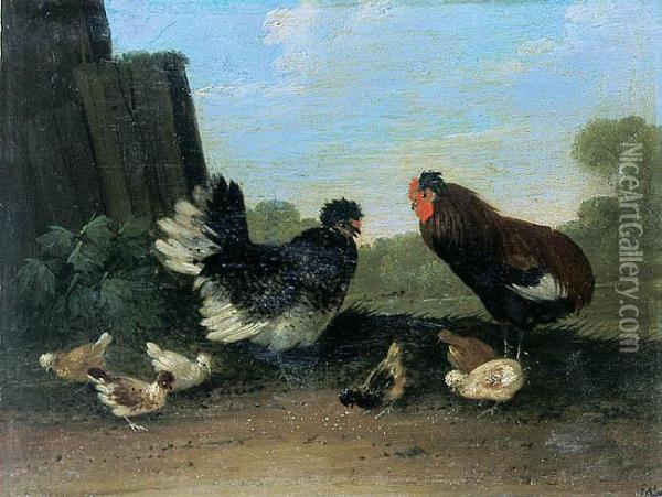 Dwie Kwoczki Z Piskletami W Pejzazu Oil Painting - Johann Adam Fassauer