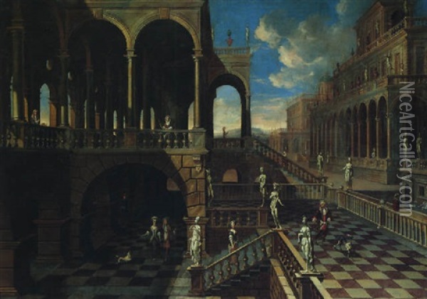 An Architectural Capriccio With Elegant Figures Promenading Oil Painting - Jacob Ferdinand Saeys
