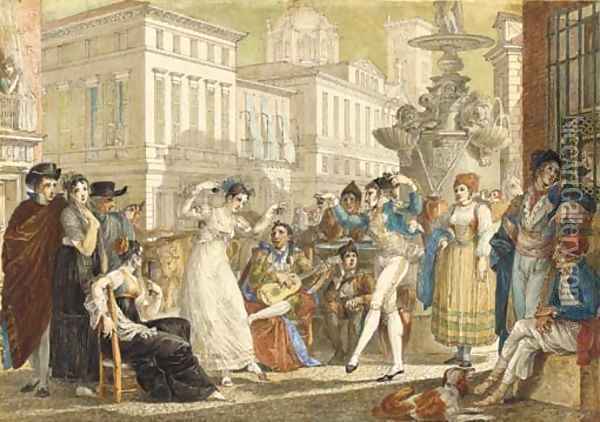 The Plaza de la Provincia, Madrid, with a crowd watching an elegant couple dance Oil Painting - Jean-Demosthene Dugourc