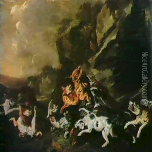 Ein Lowe Und Ein Leopard Mit Einem Geschlagenen Hirsch. Oil Painting - Carl Borromaus Andreas Ruthart