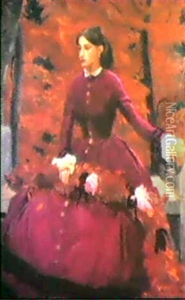 Junge Frau In Rotem Kleid Vor Einem Herbstlichen Wald Oil Painting - Reinhold Max Eichler