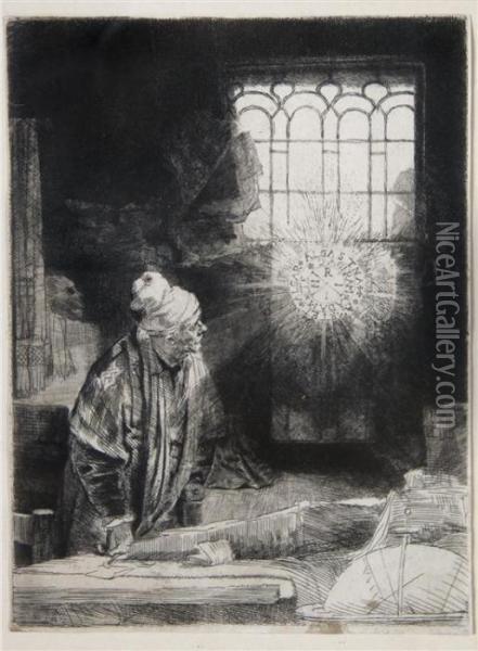 Faust In His Study, Watching A Magic Disk Oil Painting - Rembrandt Van Rijn