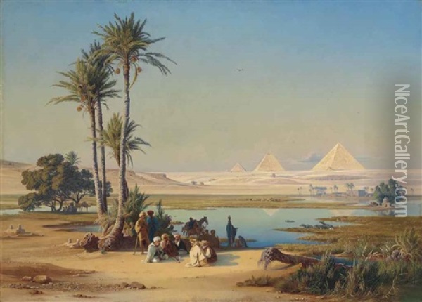 The Flood Plain Of The Nile, Pyramids Beyond Oil Painting - Johann Jakob Frey