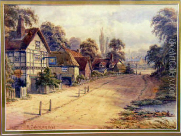 Village Street Scene Oil Painting - A. Coleman