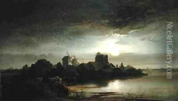 A Village by Moonlight Oil Painting - Arthur Gilbert
