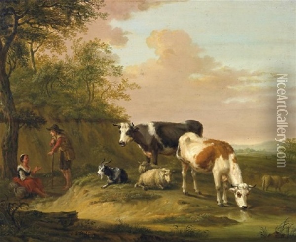 An Der Furt. Rastende Hirten Bei Ihrem Vieh In Weiter Fluslandschaft Oil Painting - Hendrik van de Sande Bakhuyzen
