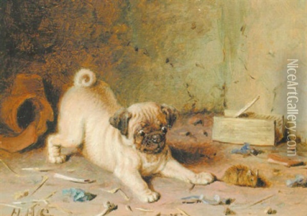 A Pug In An Interior Oil Painting - Horatio Henry Couldery