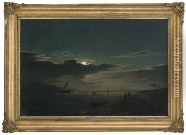 Coastal Landscape In Moonlight Oil Painting - Amaldus Clarin Nielsen