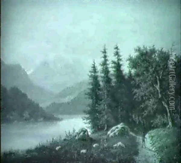 Flusslandschaft Mit Gebirgsmassiv Im Hintergrund Oil Painting - Gustave Dore