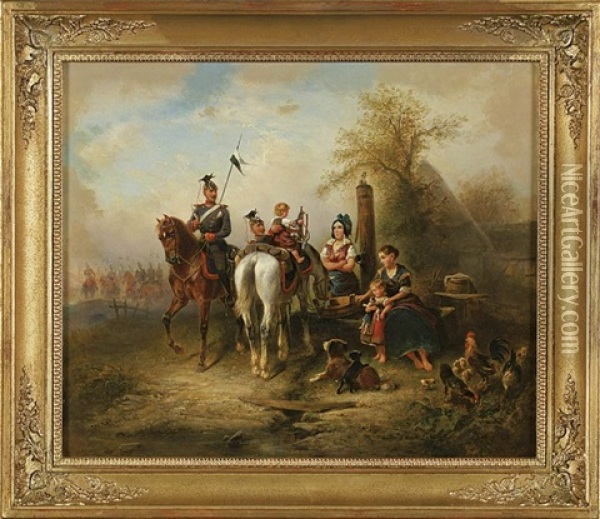 Berittene Soldaten Am Dorfbrunnen Oil Painting - Wilhelm Alexander Meyerheim