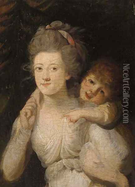Portrait of a mother and child Oil Painting - English School