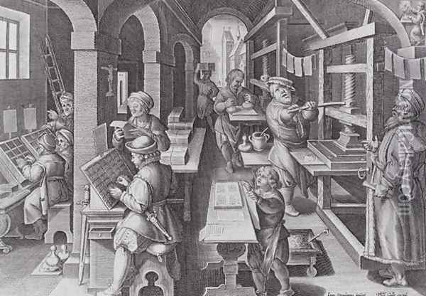 The Development of Printing, plate 5 from Nova Reperta New Discoveries engraved by Philip Galle 1537-1612 c.1600 Oil Painting - Giovanni Stradano